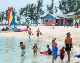 Photo of CocoCay beach with people in the water goes here.