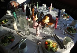 Photo of dinner onboard Blount; photo by Kathy Witt, all rights reserved.*