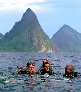 Photo of divers in front of the Pitons goes here.