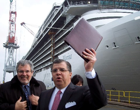 Photo of Frank Del Rio leading tour onboard Marina in Genoa, Italy, goes here.